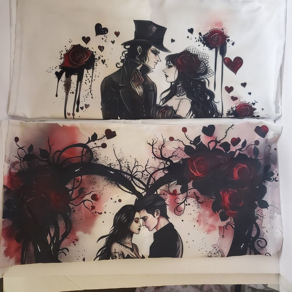 2 Goth Victorian Couple Pillowcase Covers Only 18x18" Romantic Horror Halloween